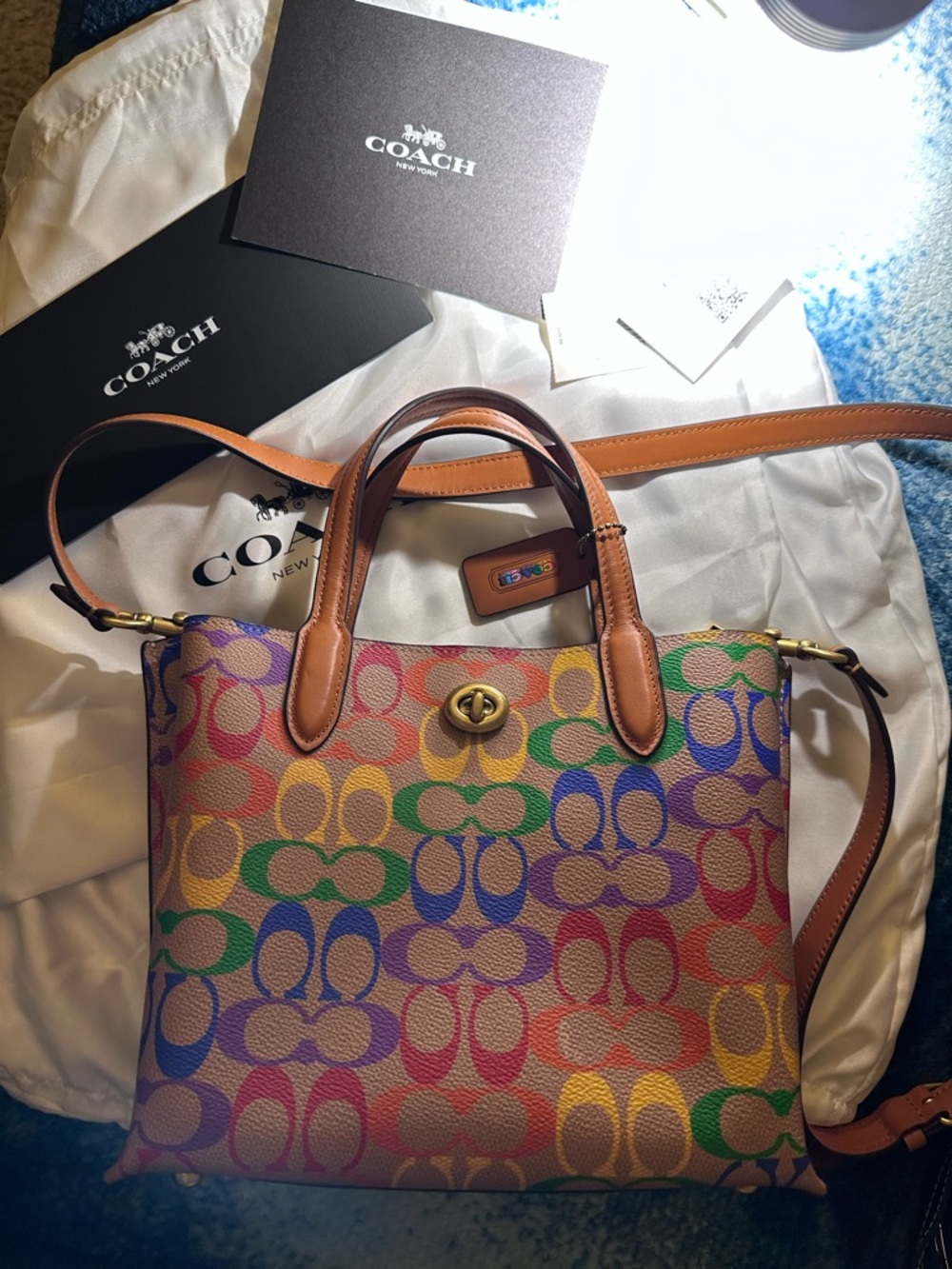 COACH Rainbow Signature Canvas Shoulder Tote with Tan Leather Trim